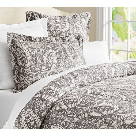 Pottery Barn Finley Paisley Duvet Cover King Cotton Linen Cream Gray - Picture 1 of 9